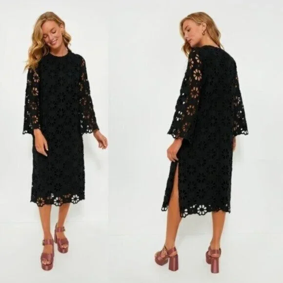 Tuckernuck NEW Noir Eyelet Hutton Long Sleeve Cotton Formal Midi Dress Size M - Picture 3 of 11